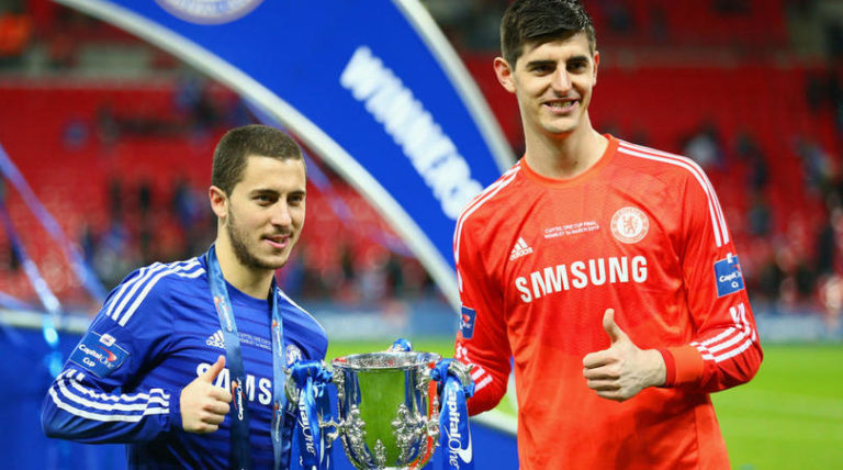 Eden Hazard and Thibaut Courtois of Chelsea.