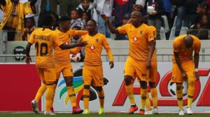Khama Billiat and Lebogana Manyama celebrate with their Kaizer Chiefs teammates