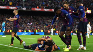 Barcelona celebrating their 3rd goal in the El Clasico against Real Madrid