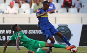 Surprise Ralani of Cape Town City FC tackled by Lucky Baloyi of Bloemfontein Celtic