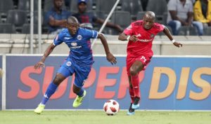 Aubrey Modiba of Supersport United challenged by Musa Nyatama of Orlando Pirates