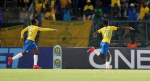Themba Zwane celebrates his goal with Mamelodi Sundowns teammate Lebohang Maboe