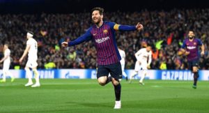 Lionel Messi of Barcelona celebrates scoring the opener against Manchester United