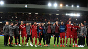 Liverpool celebrate after the UEFA Champions League Semi Final, second leg match at Anfield, Liverpool.