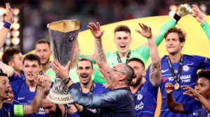 Chelsea manager Maurizio Sarri celebrates with the trophy