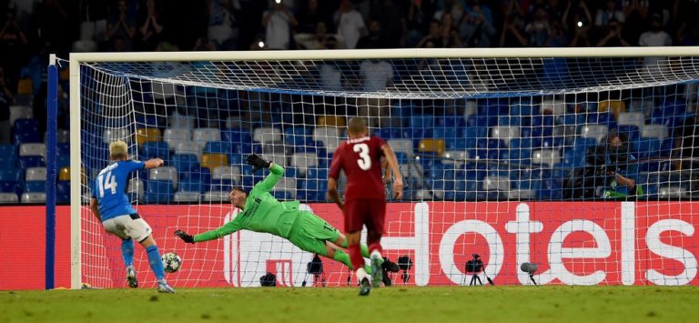 Dries Mertens of Napoli converts a penalty against Liverpool