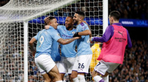 Gabriel Jesus of Manchester City celebrates scoring his side's third goal