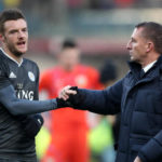 Leicester City's Jamie Vardy (left) and manager Brendan Rodgers after the Premier League match at Turf Moor, Burnley.