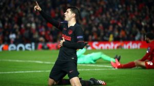 Alvaro Morata of Atletico Madrid celebrates after scoring his team's third goal during the UEFA Champions League round of 16 second leg match between Liverpool FC and Atletico Madrid