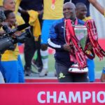 Pitso Mosimane, coach of Mamelodi Sundowns celebrates winning the Absa Premiership 2019/20 title