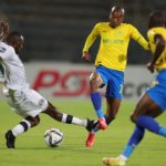Thapelo Morena of Mamelodi Sundowns tackled by Onismor Bhasera of Supersport United