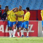 Themba Zwane of Mamelodi Sundowns celebrates goal with teammates