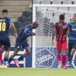 Khuliso Mudau of Mamelodi Sundowns celebrates scoring a goal against TS Galaxy