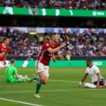 WOLVERHAMPTON, ENGLAND - JUNE 14: Roland Sallai of Hungary celebrates after scoring their team's second goal during the UEFA Nations League - League A Group 3 match between England and Hungary at Molineux on June 14, 2022 in Wolverhampton, England. (Photo by Catherine Ivill/Getty Images)