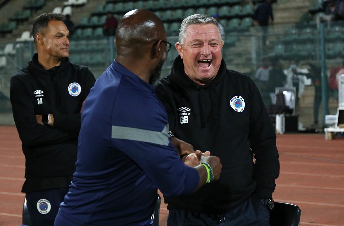 Steve Komphela, Senior coach of Mamelodi Sundowns and Gavin Hunt, head coach of Supersport United during the DStv Premiership 2022/23 match between Supersport United and Mamelodi Sundowns at Lucas Moripe Stadium, in Pretoria on the 02 September 2022 ©Samuel Shivambu/BackpagePix