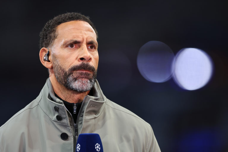 BIRMINGHAM, ENGLAND - OCTOBER 22: Rio Ferdinand, working as pundit for TNT Sports during the UEFA Champions League 2024/25 League Phase MD3 match between Aston Villa FC and Bologna FC 1909 at Villa Park on October 22, 2024 in Birmingham, England. (Photo by Robbie Jay Barratt - AMA/Getty Images)