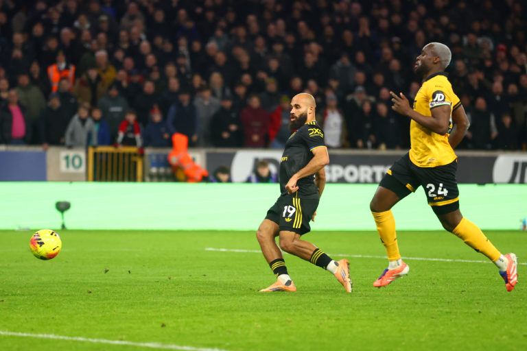 WOLVERHAMPTON, ENGLAND - DECEMBER 08: Bryan Mbuemo fo Manchester United scores his side's second goal during the Premier League match between Wolverhampton Wanderers and Manchester United at Molineux on December 08, 2025 in Wolverhampton, England. (Photo by Chris Brunskill/Fantasista/Getty Images)