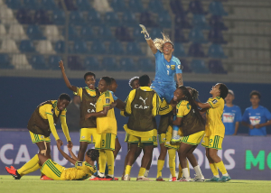 CASABLANCA, MOROCCO - AUGUST 13: South Africa celebrating after their victory during the Women's Africa Cup of Nations, FIFA World Cup Play-Off match between South Africa and Nigeria at Moulay Rachid Stadium on August 13, 2026 in Casablanca, Morocco. (Photo by Zamani Makautsi/Gallo Images)